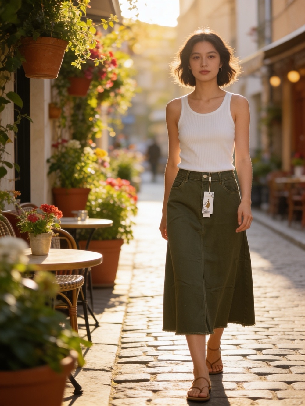 Belle Poque Army Green Frayed Maxi Skirt Elastic Waist Pockets NWT Size L